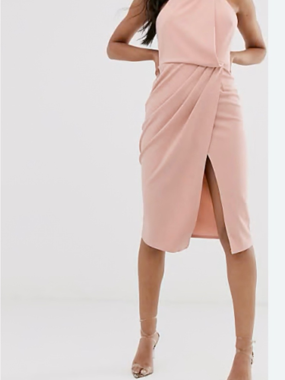 Blush Pink Draped Midi Dress with Front Slit